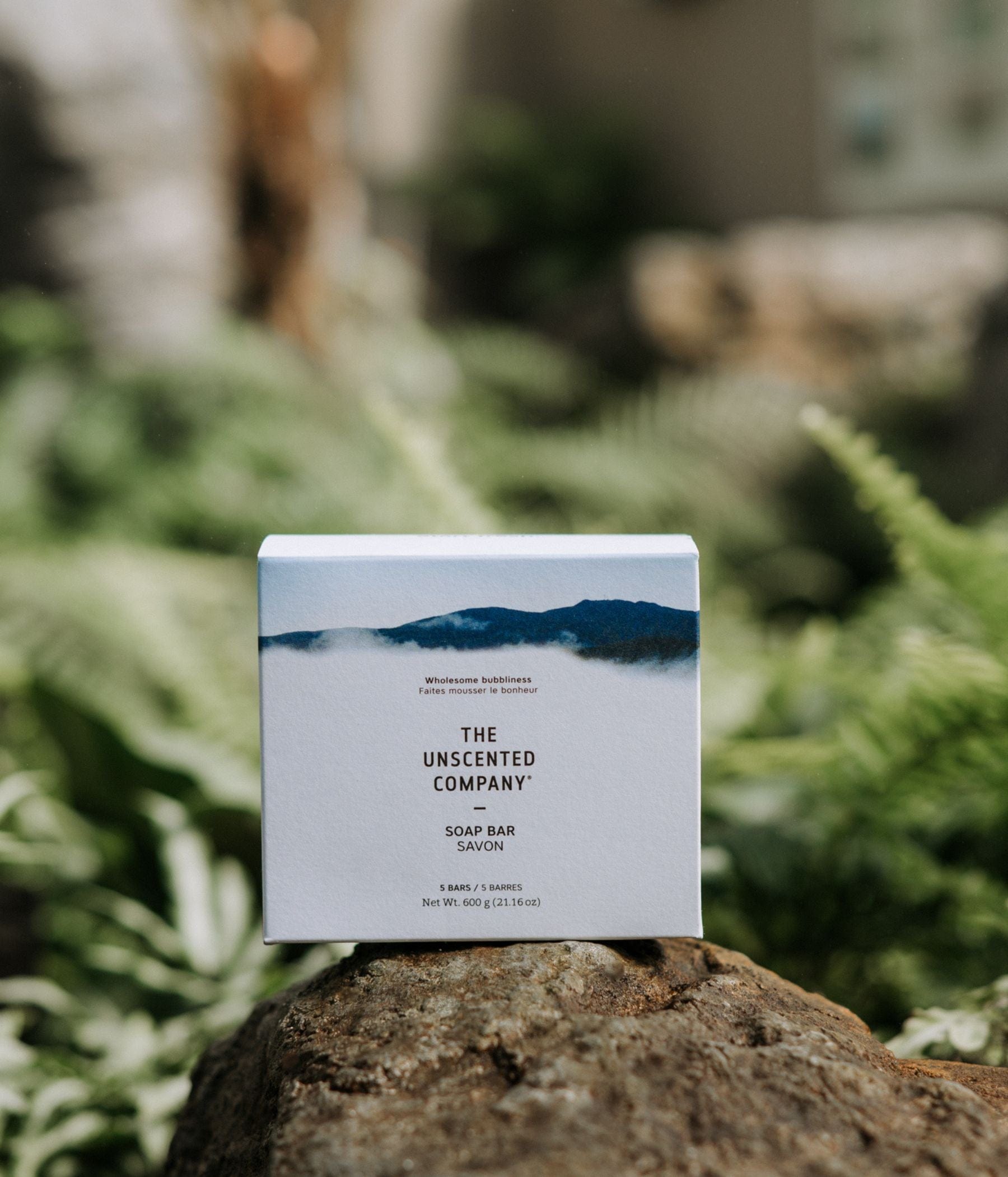 Soap bar box from The Unscented Company on a rock.