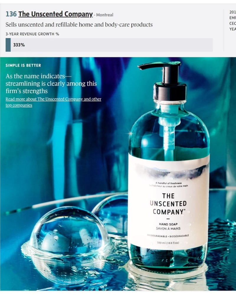The Unscented Company hand soap featured in a ranking for its 333% growth.