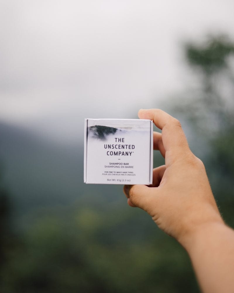 Hand holding a box of The Unscented Company shampoo bar with trees and fog in the background.