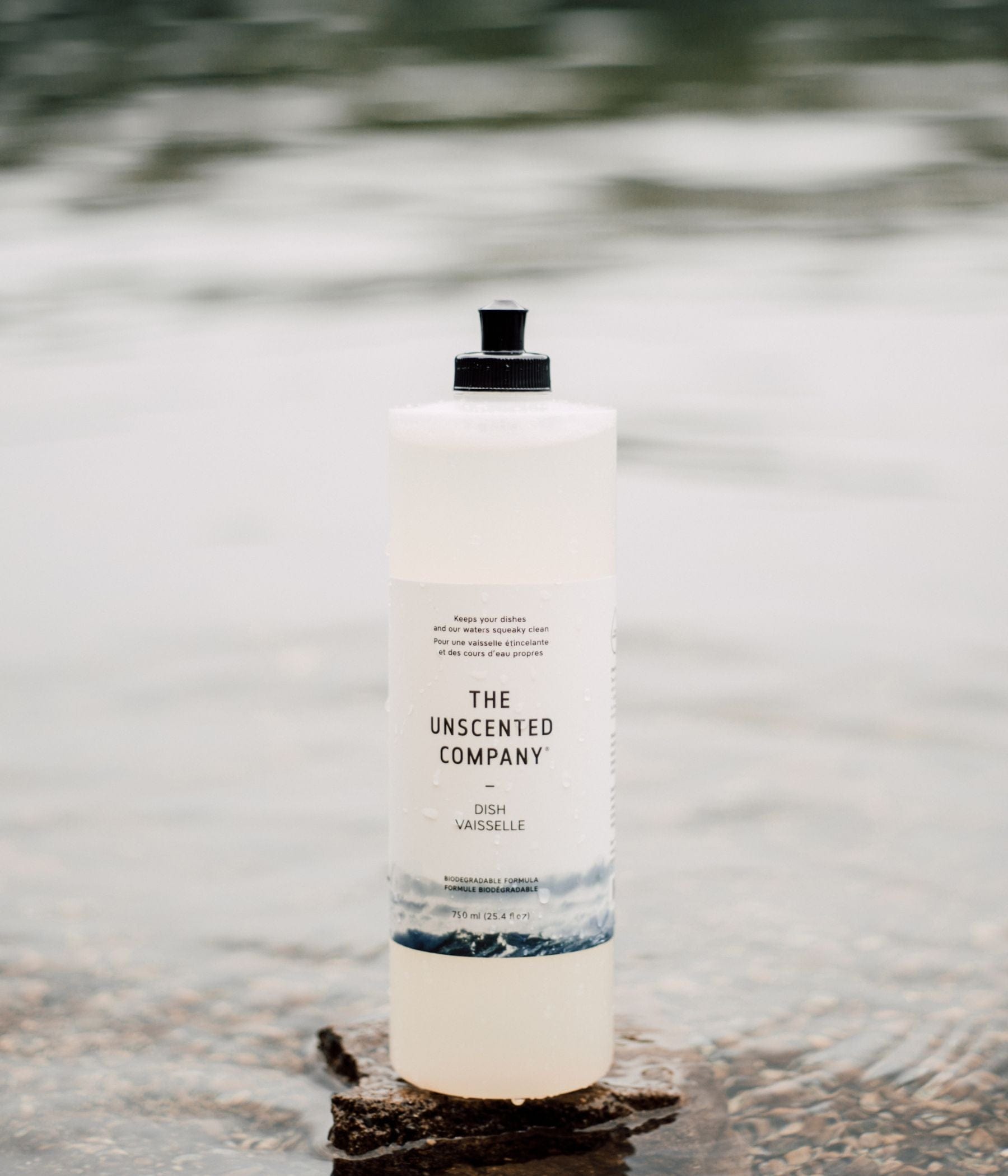 Bottle of The Unscented Company dish soap standing on a rock by the water.