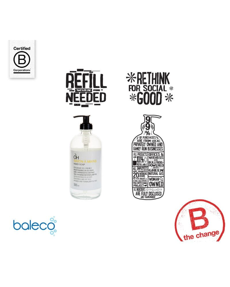 Baleco hand soap bottle with B Corp certification and sustainability messages promoting refills and social good.