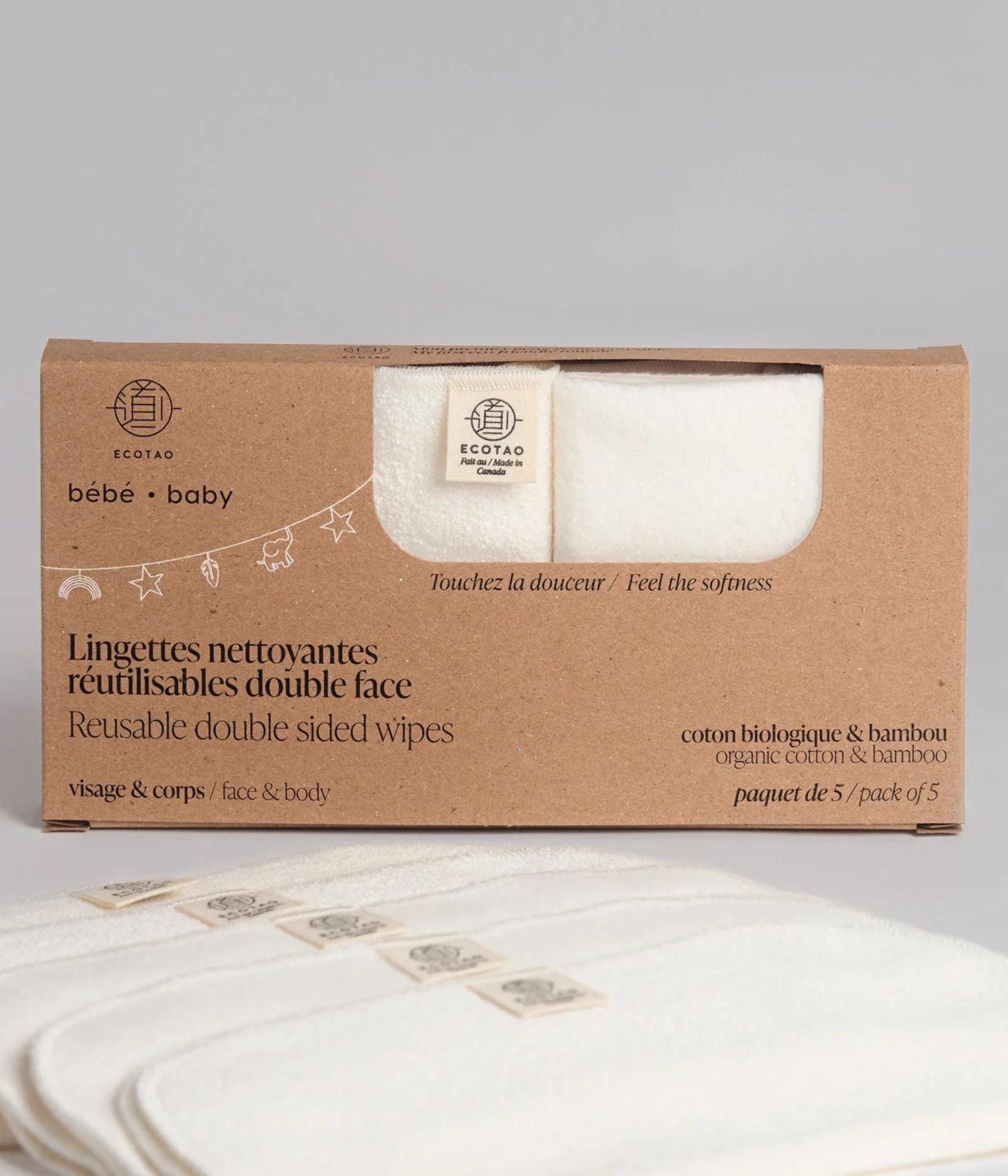 Box of Ecotao reusable double-sided wipes made of organic cotton and bamboo, with wipes displayed in front.