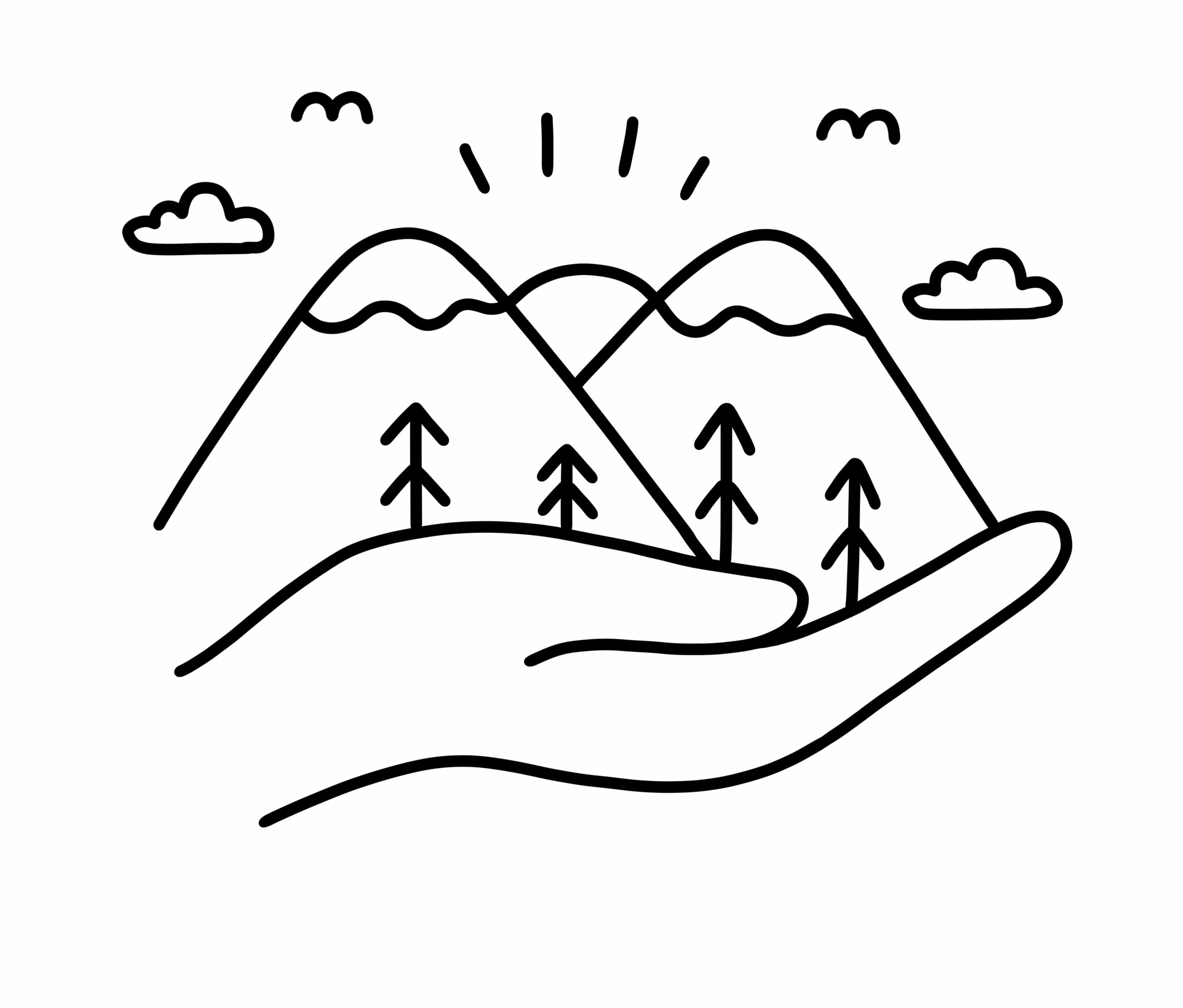Simple line drawing of a hand holding mountains, trees, clouds, and birds.