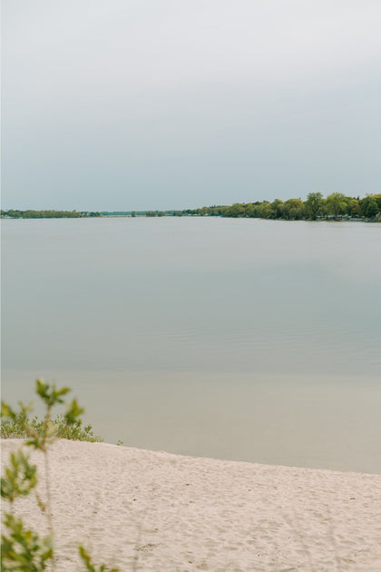 A calm, expansive lake stretches into the distance under a pale, overcast sky. In the foreground, a sandy beach is bordered by sparse green foliage. The peaceful setting evokes a sense of tranquility and connection to nature.