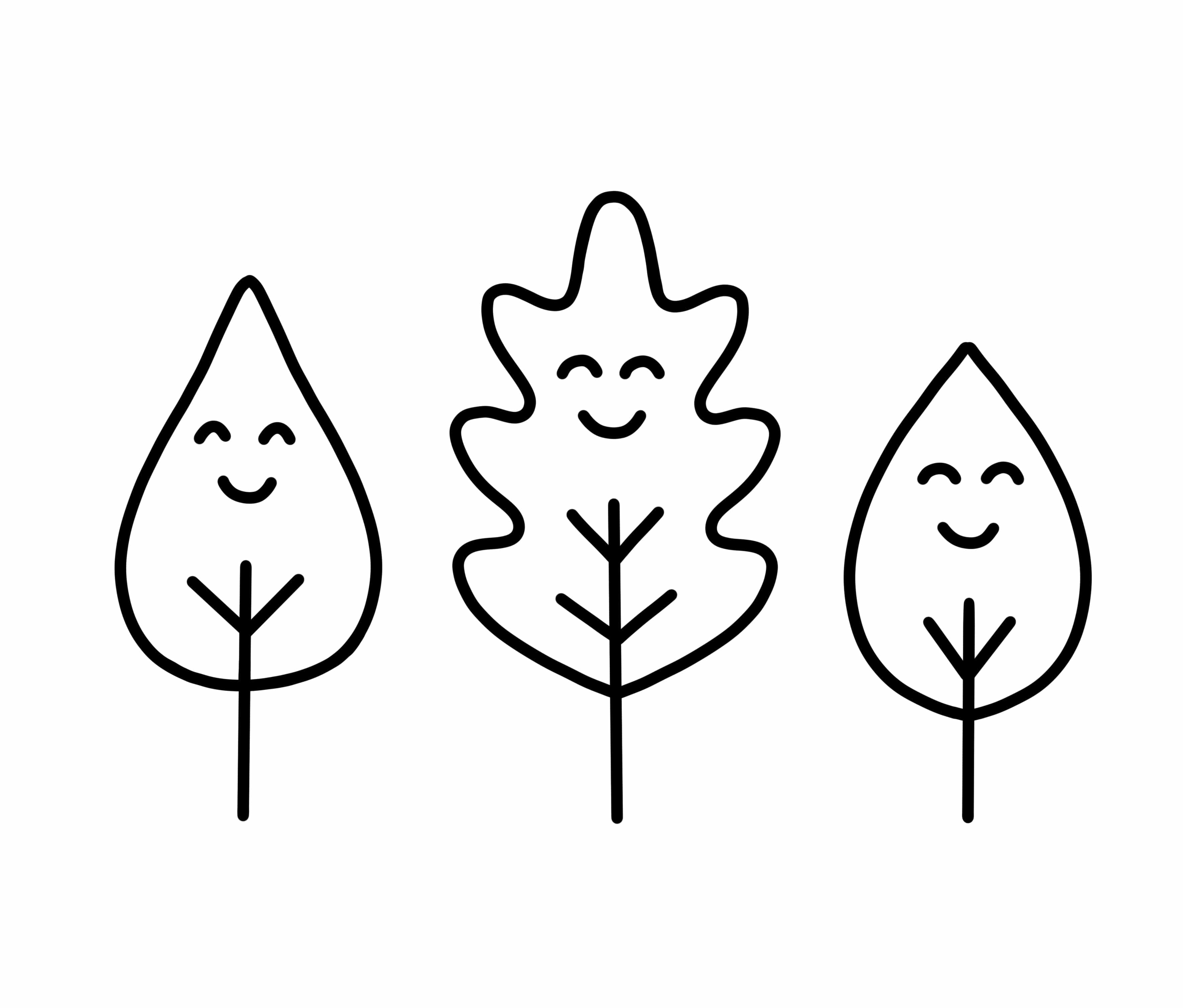 Simple line drawing of three smiling trees of different shapes.