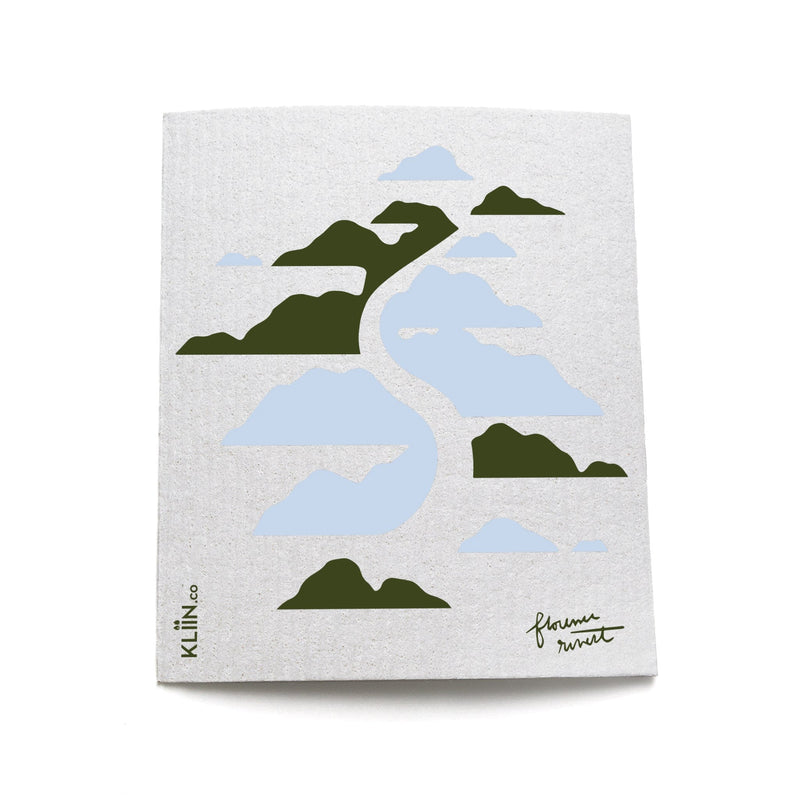 White reusable cloth with green mountains and blue river design by Florence Rivest for KLIIN.