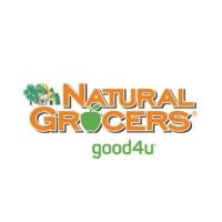 Natural Grocers logo with orange and green text, featuring an apple graphic, and the phrase “good4u” below.