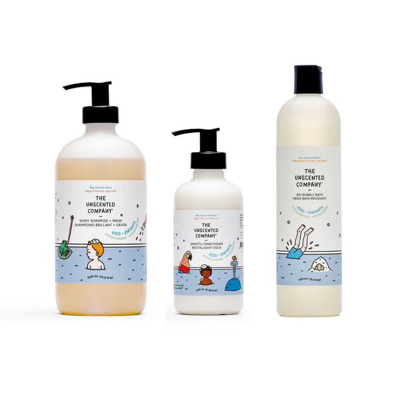 The Unscented Company kids’ bath essentials set including Shiny Shampoo + Wash, Smooth Conditioner, and Big Bubble Bath in illustrated bottles on a white background.