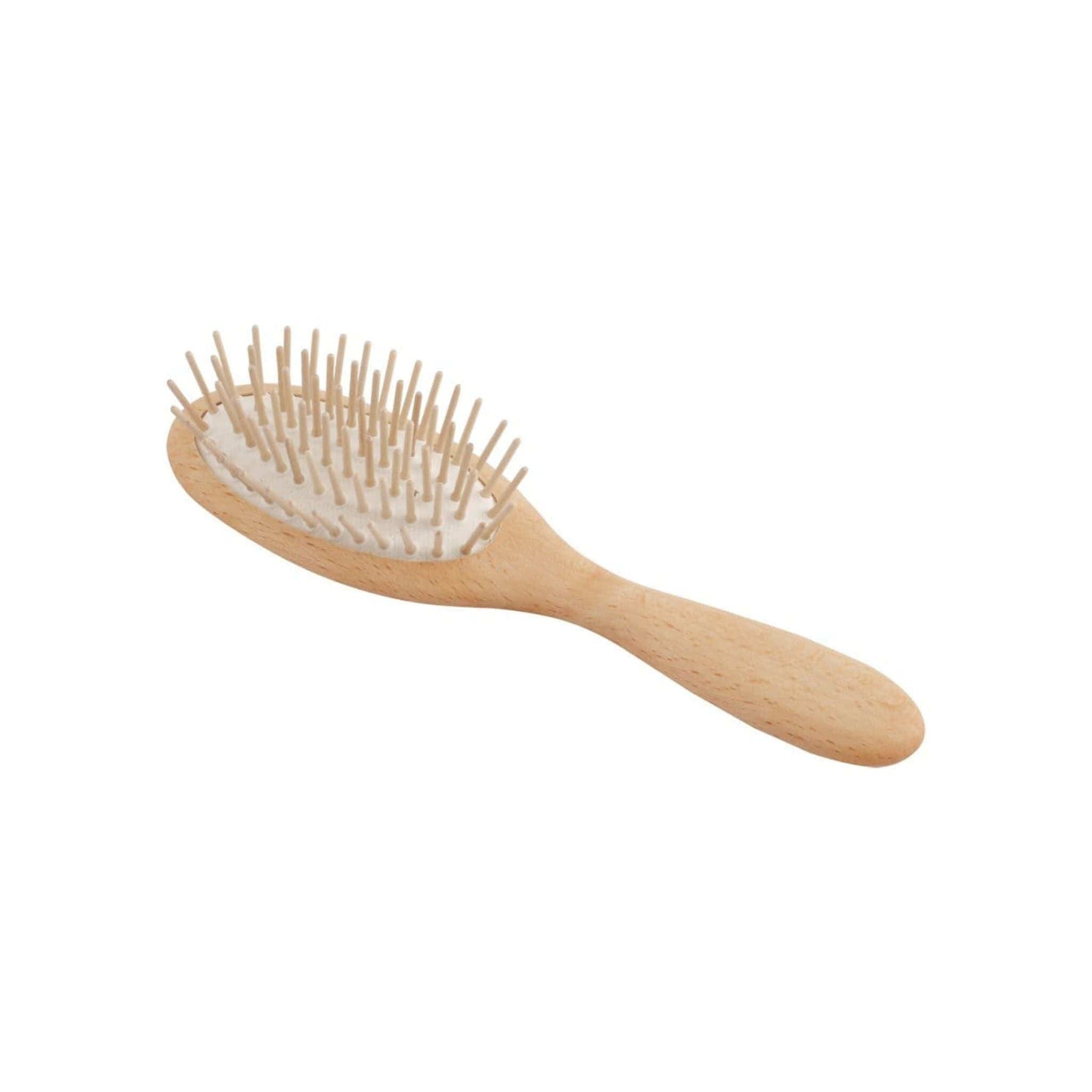 Wooden hairbrush with rounded bristles.
