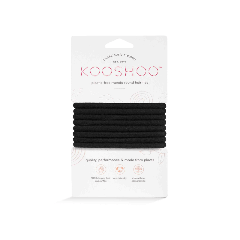 A pack of black plastic-free hair ties from the brand "KOOSHOO."