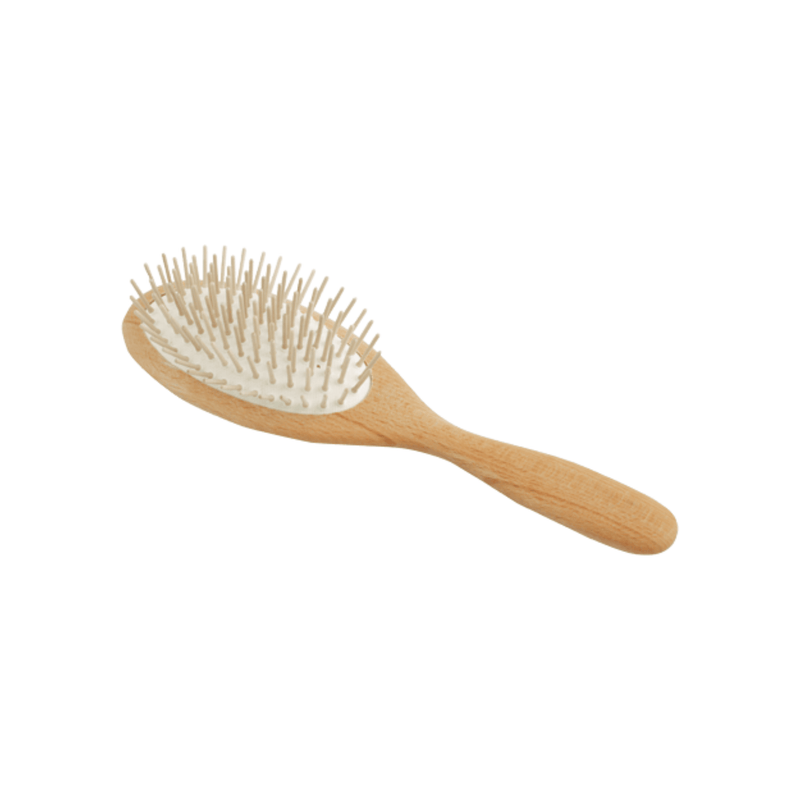 Wooden hairbrush with rounded bristles
