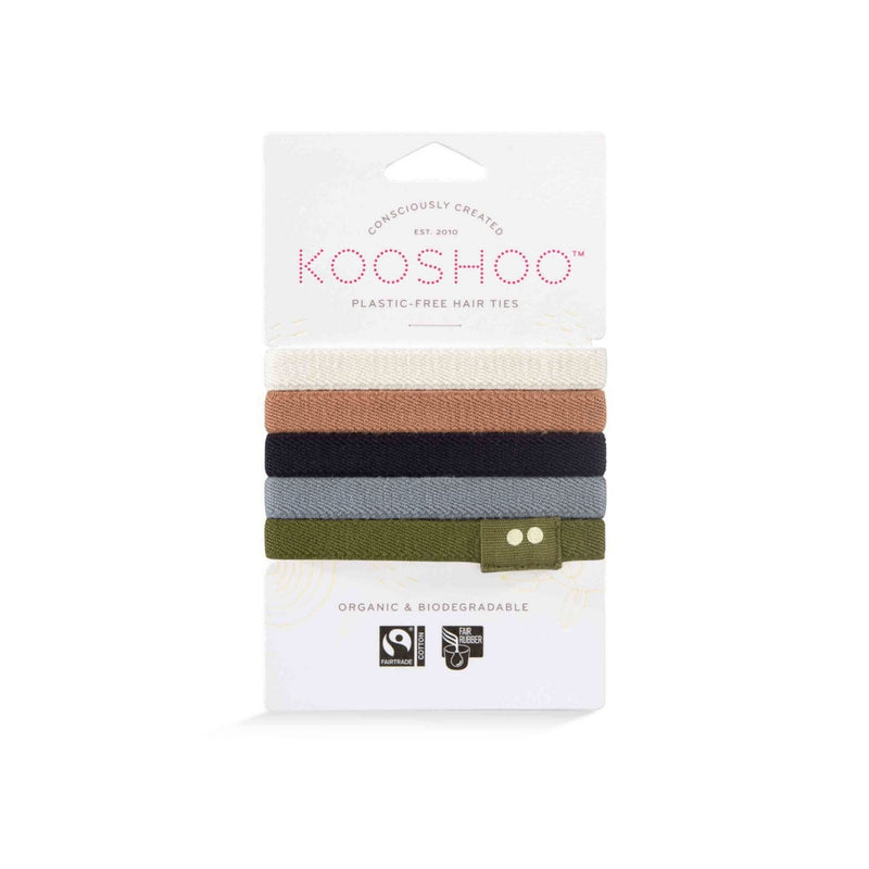 Pack of KOOSHOO plastic-free hair ties in five colors.