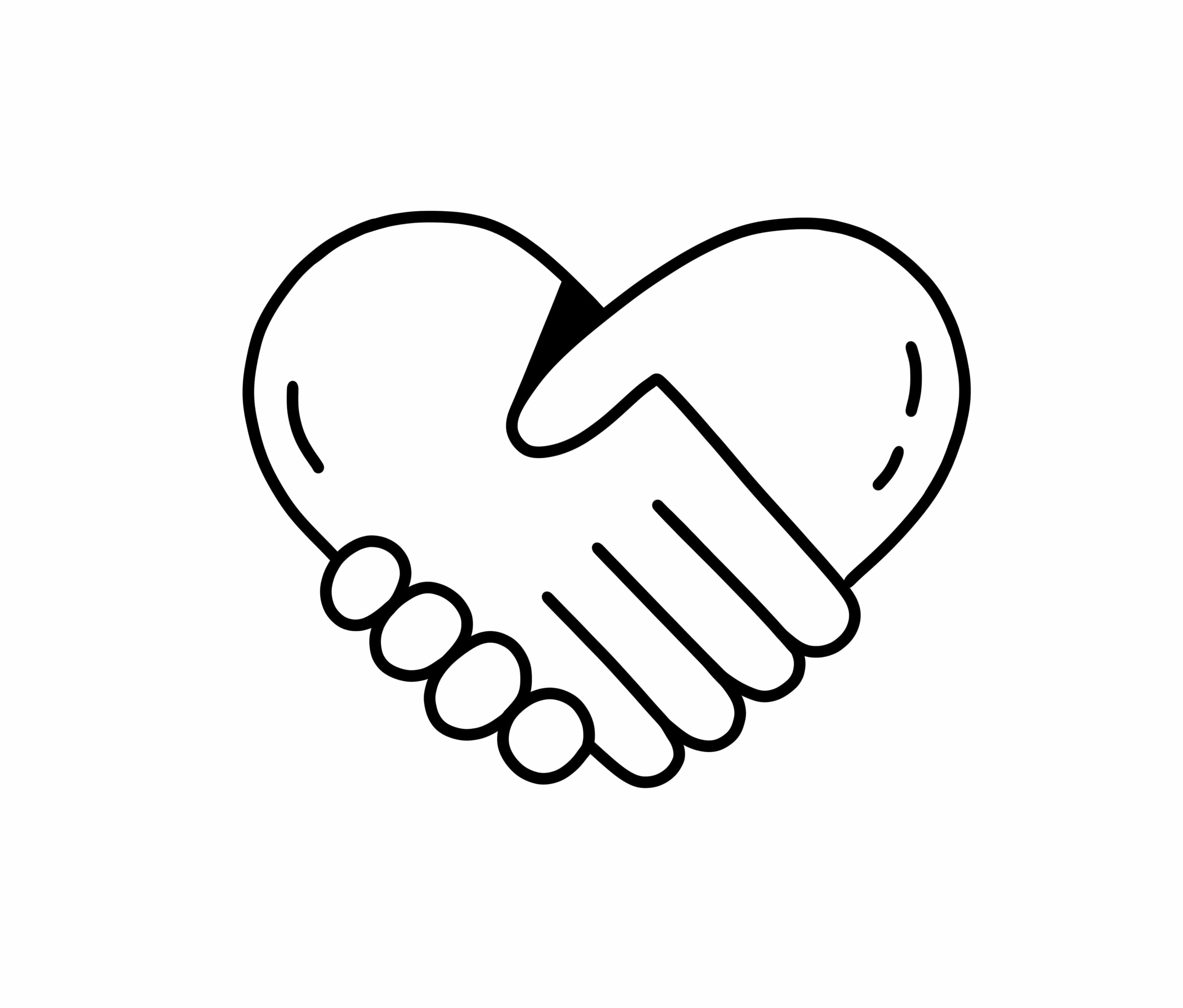 Simple line drawing of two hands shaking in the shape of a heart.