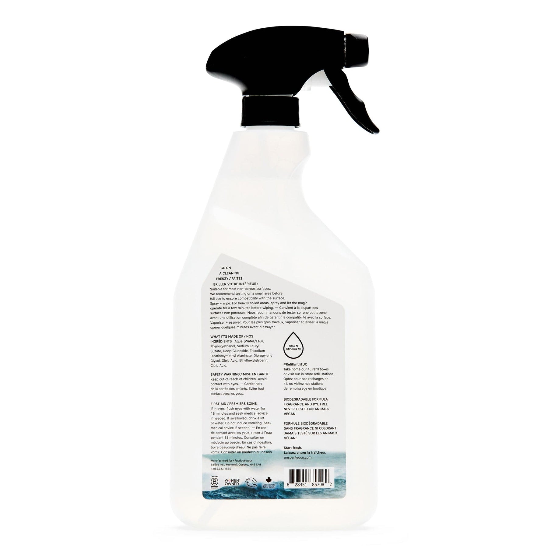 The Unscented Company all-purpose cleaner bottle shown from the back with product information.