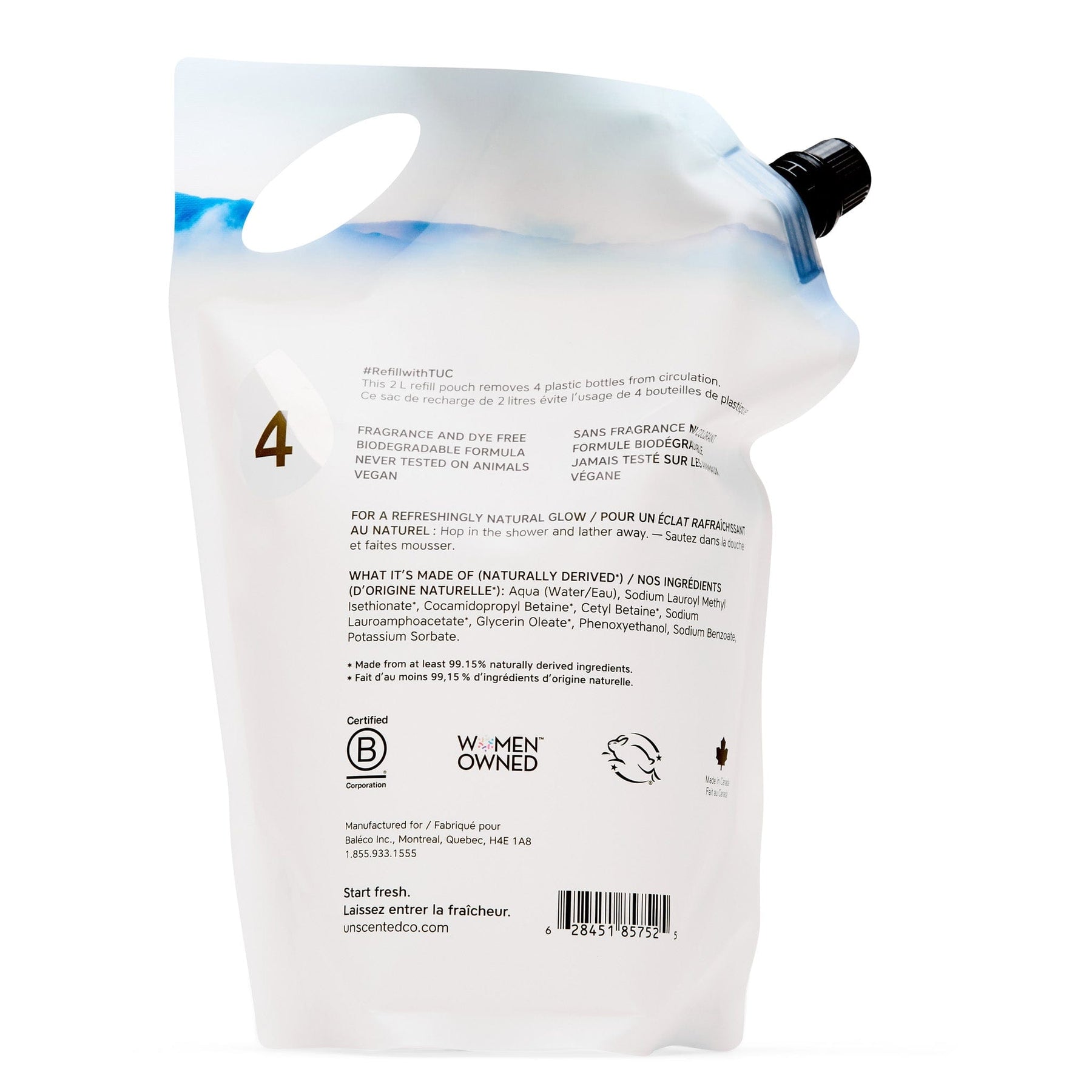 The Unscented Company body soap refill pouch back view, with ingredients, certifications, and eco-friendly claims.