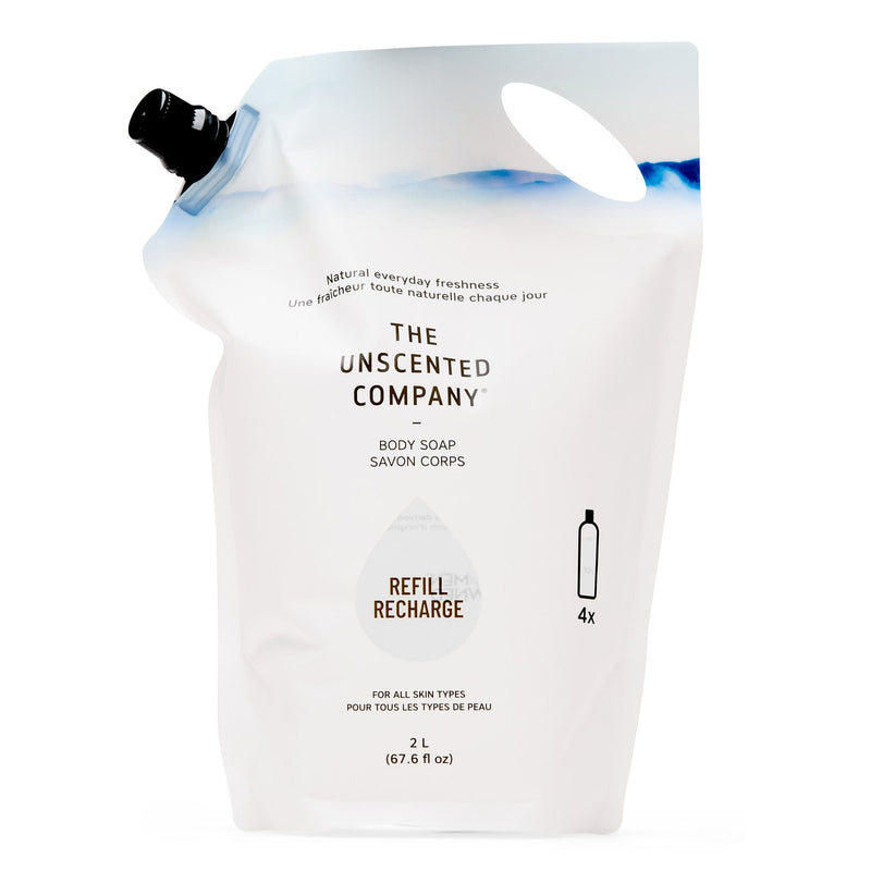 The Unscented Company body soap refill pouch, 2 L size, suitable for all skin types.