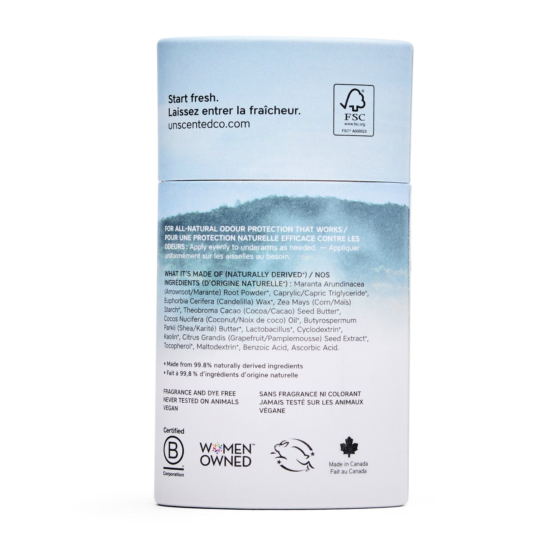 Back of The Unscented Company’s deodorant stick showing product claims, natural ingredients list, usage instructions, certifications, and FSC-certified eco-friendly packaging. The background features a watercolor landscape with the tagline “Start fresh.”