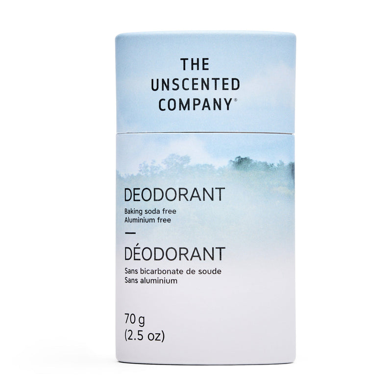 Front view of The Unscented Company’s deodorant stick. The label features a soft misty landscape design with bold black text stating “Deodorant – Baking soda free, Aluminium free.” Weight listed as 70 g (2.5 oz).