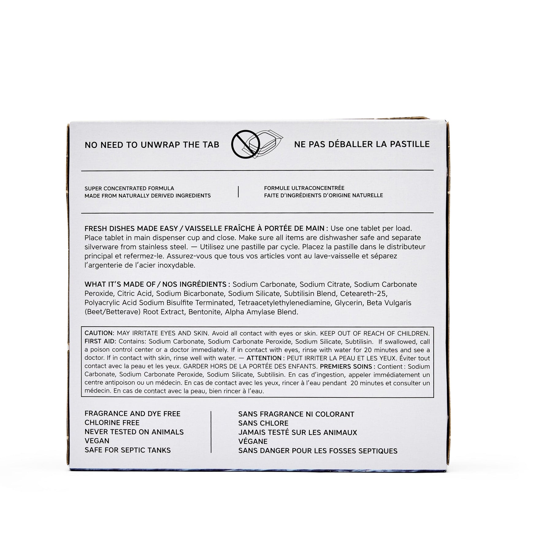 Back of The Unscented Company dishwasher tabs box displaying product usage instructions, ingredient list, safety warnings, and sustainability claims in English and French. Includes icons and text indicating the tab doesn’t need unwrapping, is made from naturally derived ingredients, is vegan, dye-free, and safe for septic systems.