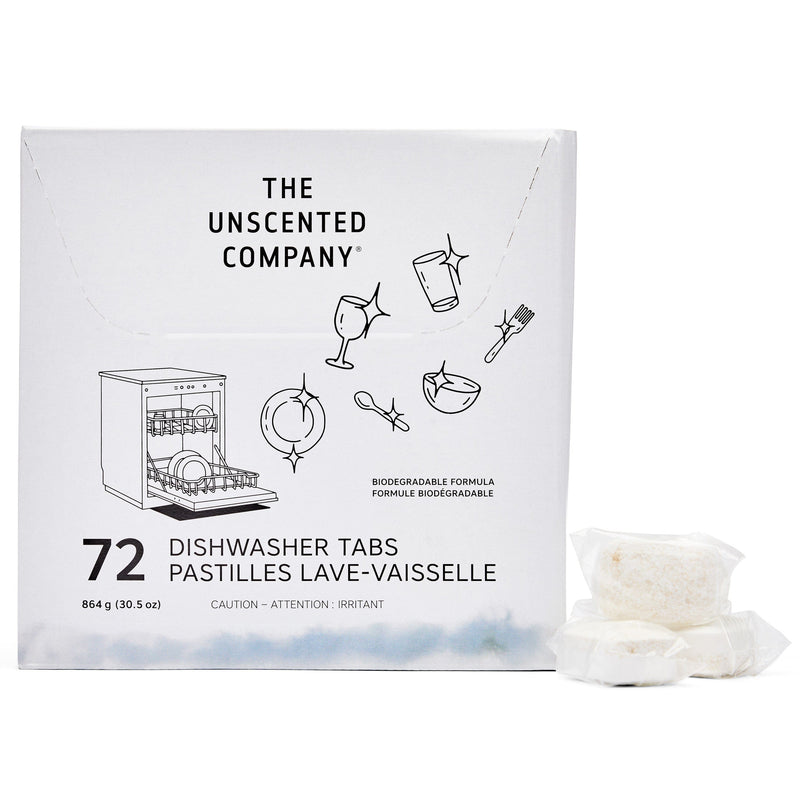Front of The Unscented Company dishwasher tabs box, showing a white package labeled “72 Dishwasher Tabs,” with illustrations of sparkling clean dishes and a dishwasher. Two unwrapped tabs are placed beside the box.