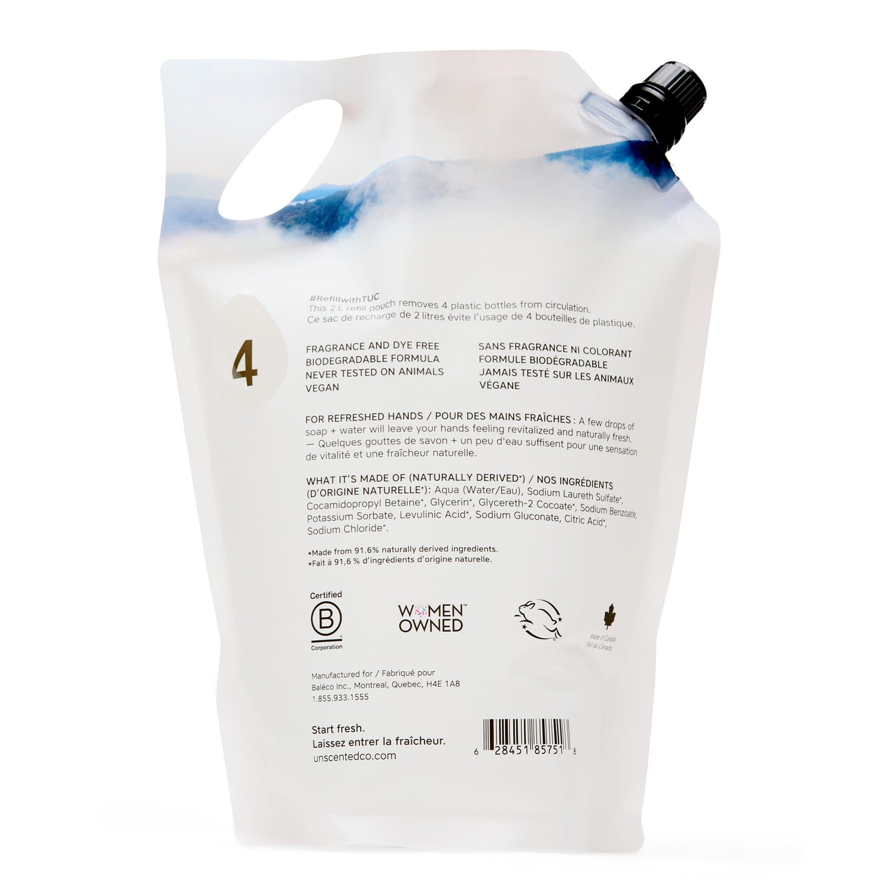 The Unscented Company 2 L hand soap refill pouch shown from the back.