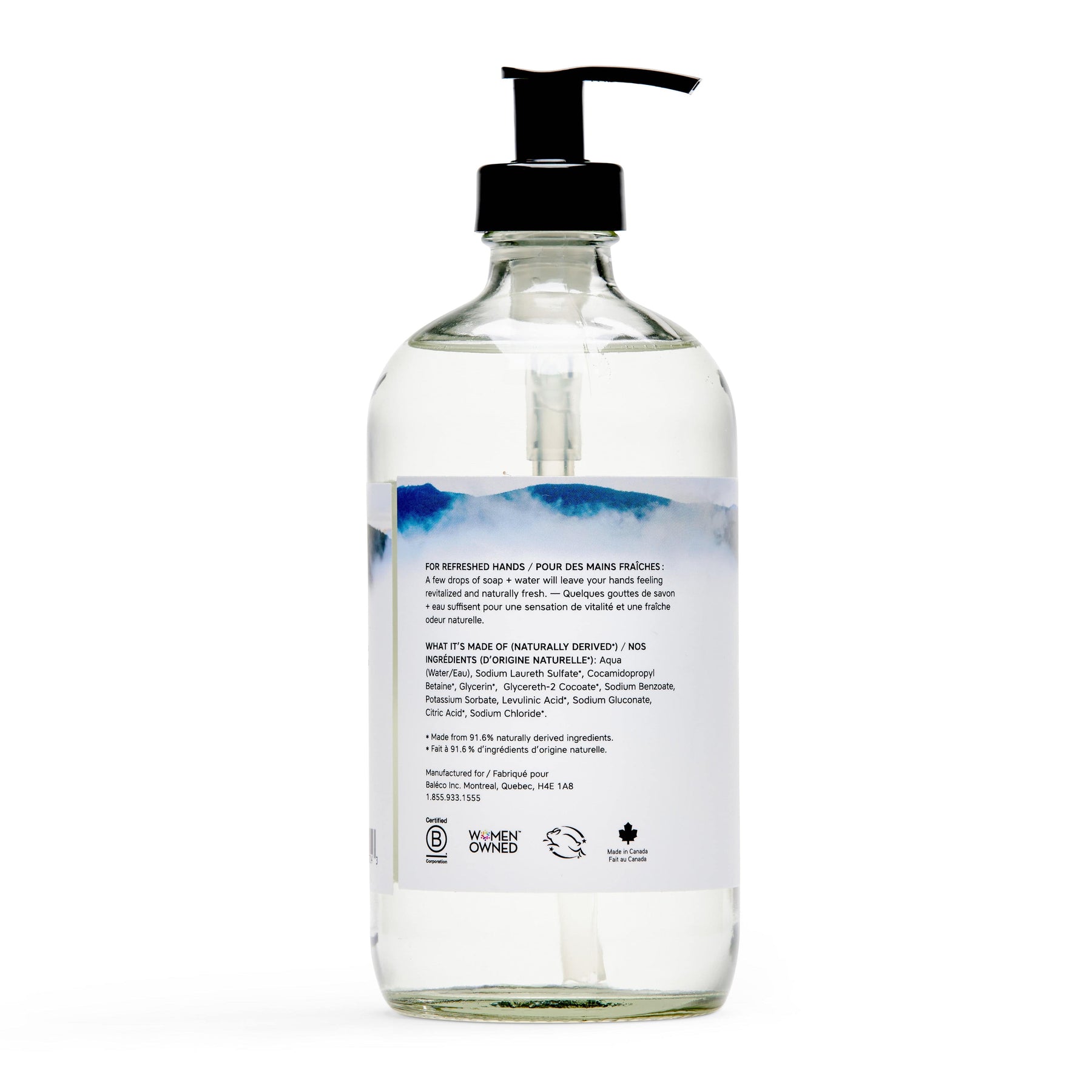 Back of hand soap bottle with ingredients and use instructions.