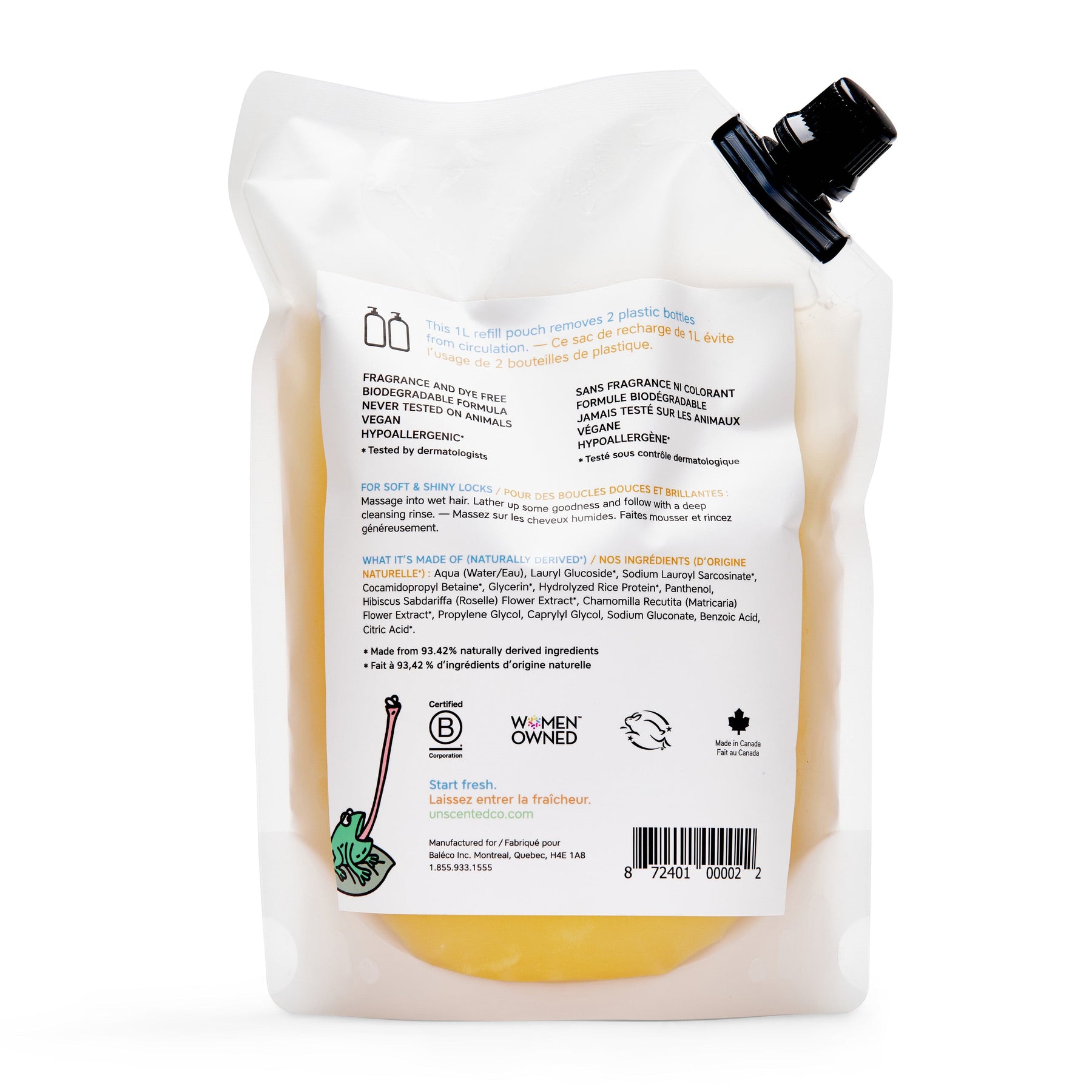 Back of kids shampoo refill pouch, showing ingredients and eco details.