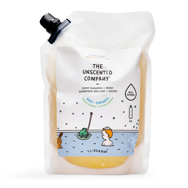 Kids shampoo + wash refill pouch, front view.