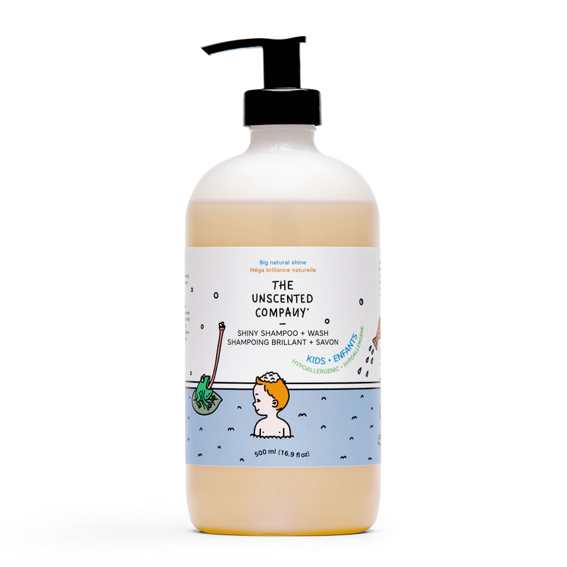 Kids shiny shampoo + wash, front label.