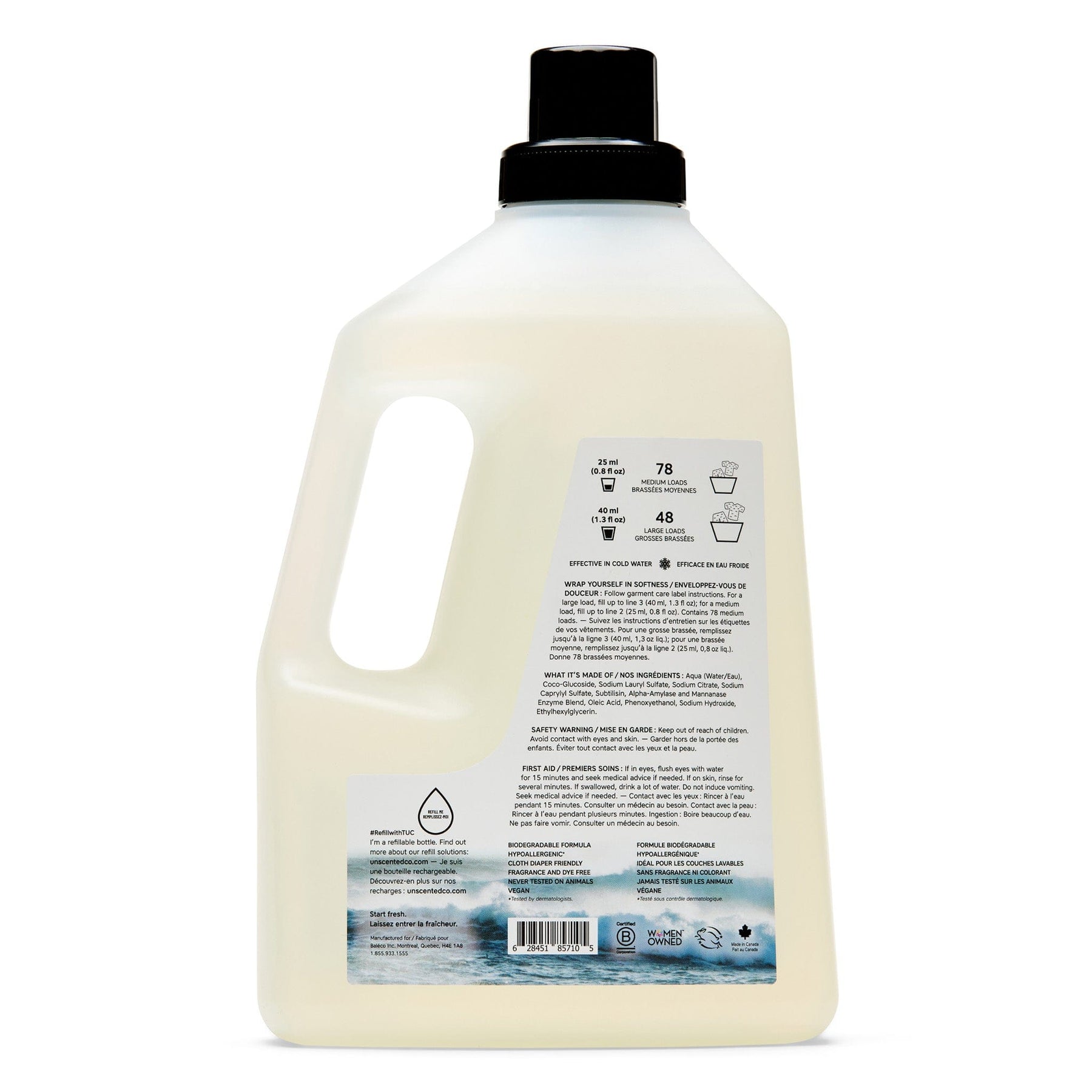 Back of The Unscented Company laundry detergent bottle showing dosage instructions and ingredients.