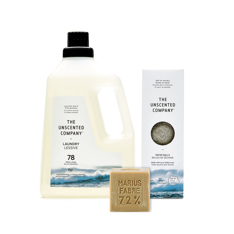 Ensemble de lessive The Unscented Company avec détergent liquide, balles de séchage et savon de Marseille.