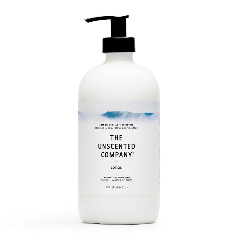 Front of The Unscented Company lotion bottle on a white background.