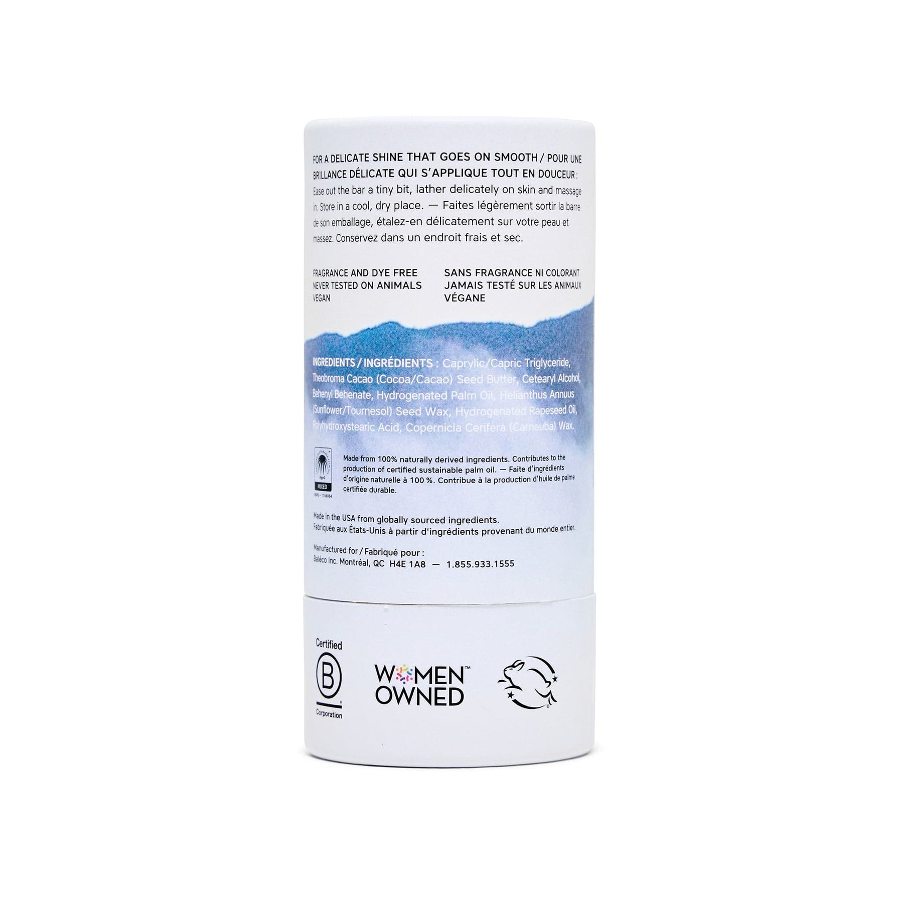 Back view of The Unscented Company’s lotion bar packaging showing ingredients, certifications (B Corp, Women Owned, Vegan), and bilingual usage instructions in English and French.