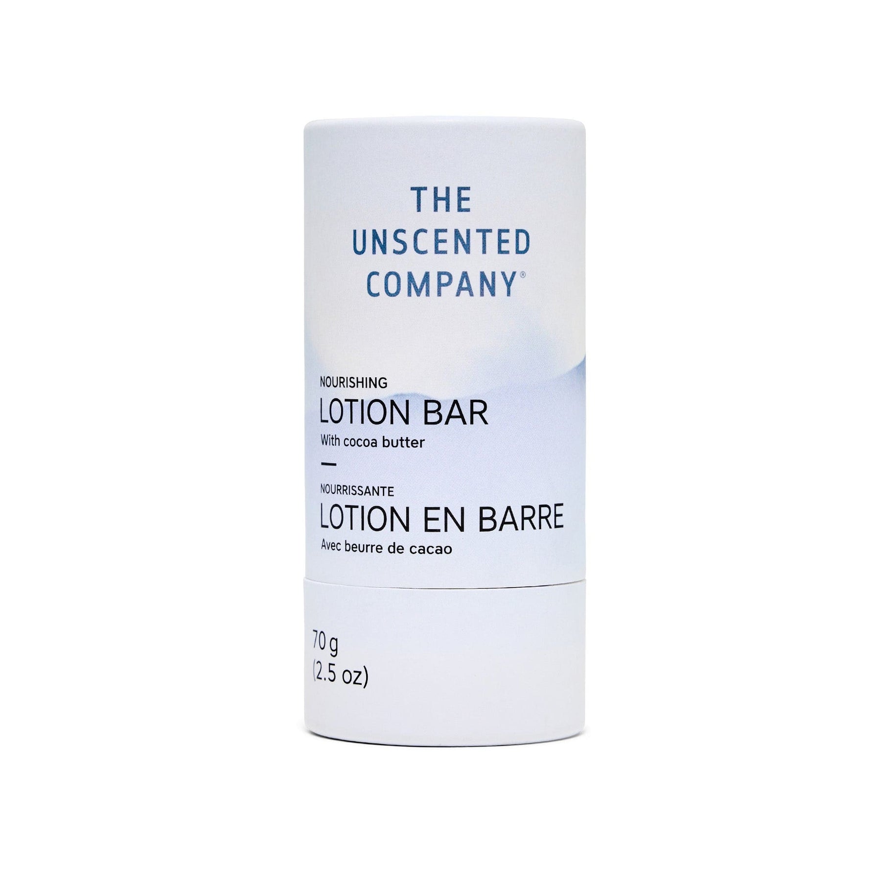 Studio product shot of The Unscented Company’s lotion bar standing upright on a white background. The packaging design emphasizes its nourishing cocoa butter formula and 70 g format.