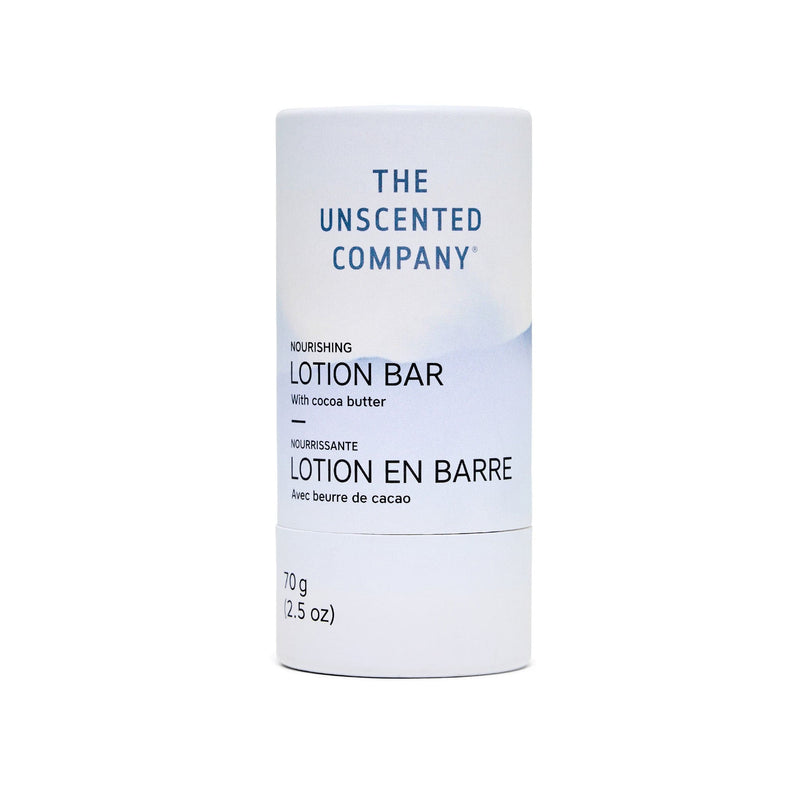 Studio product shot of The Unscented Company’s lotion bar standing upright on a white background. The packaging design emphasizes its nourishing cocoa butter formula and 70 g format.