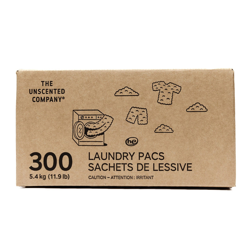 Brown cardboard box of 300 laundry pacs from The Unscented Company, featuring black illustrations of clothes, clouds, and a washing machine on the front. The simple design reflects a natural and minimalist aesthetic.