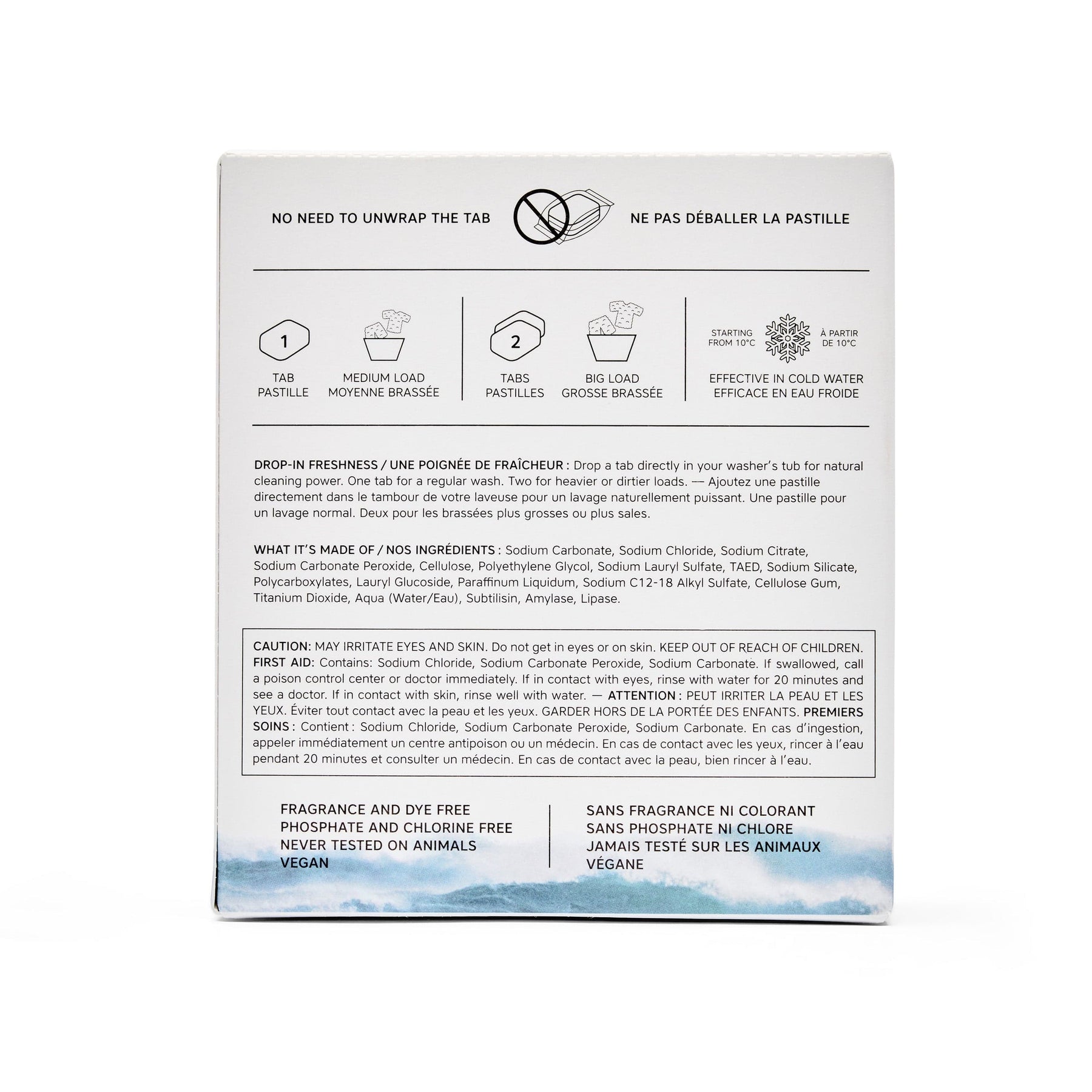 Back of The Unscented Company laundry tabs box. Shows usage instructions, icons for dosage, cold water effectiveness, ingredient list, and safety warnings.