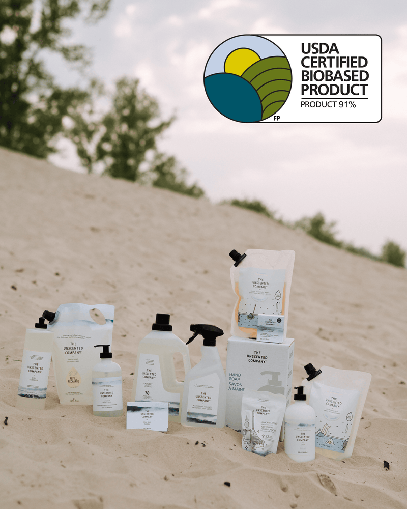 The Unscented Company full range of eco-friendly cleaning and personal care products displayed outdoors, highlighting USDA Certified Biobased ingredients, refillable packaging, biodegradable formulas, and a sustainable zero-waste lifestyle.