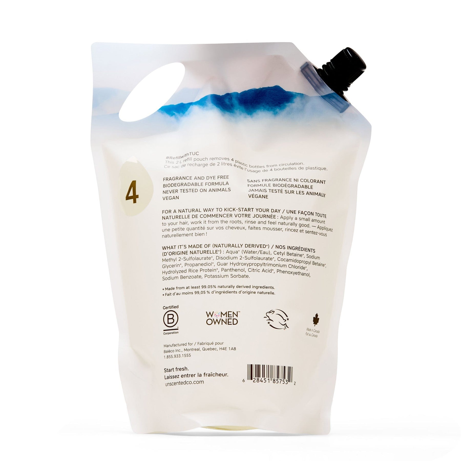 The Unscented Company shampoo refill pouch packaging back, showing ingredients and instructions on a white background.