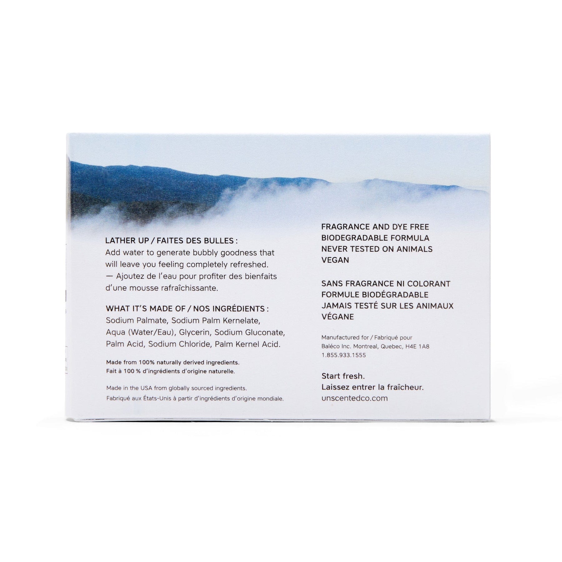 The Unscented Company soap bar packaging back with ingredients and usage instructions, on a white background.