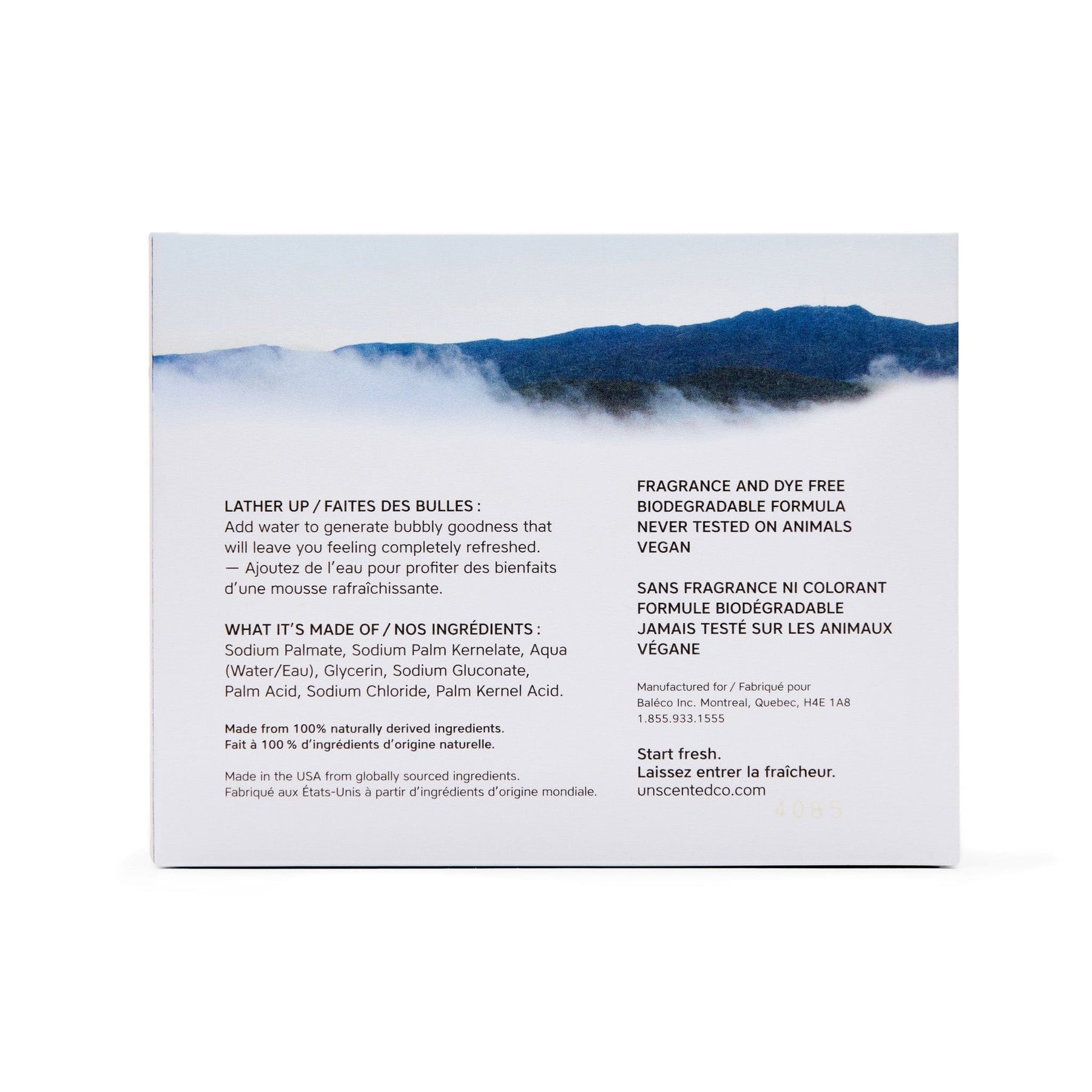 The back of The Unscented Company soap bar box, showing ingredients, usage instructions, and certifications on a white background.