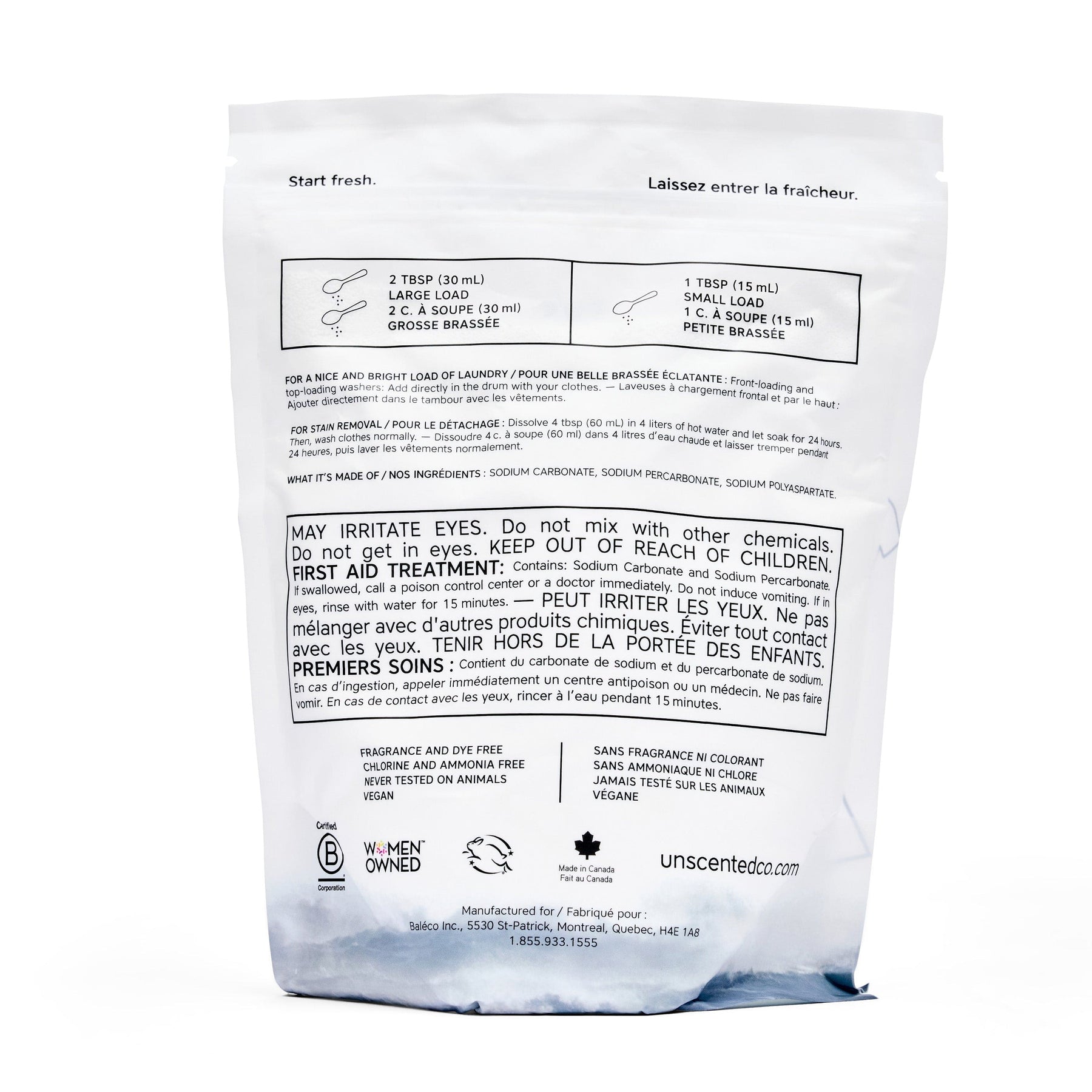 Back of The Unscented Company laundry whitener pouch, showing bilingual instructions, ingredients, cautionary text, dosage visuals for small and large loads, and certifications including vegan, cruelty-free, and women-owned.