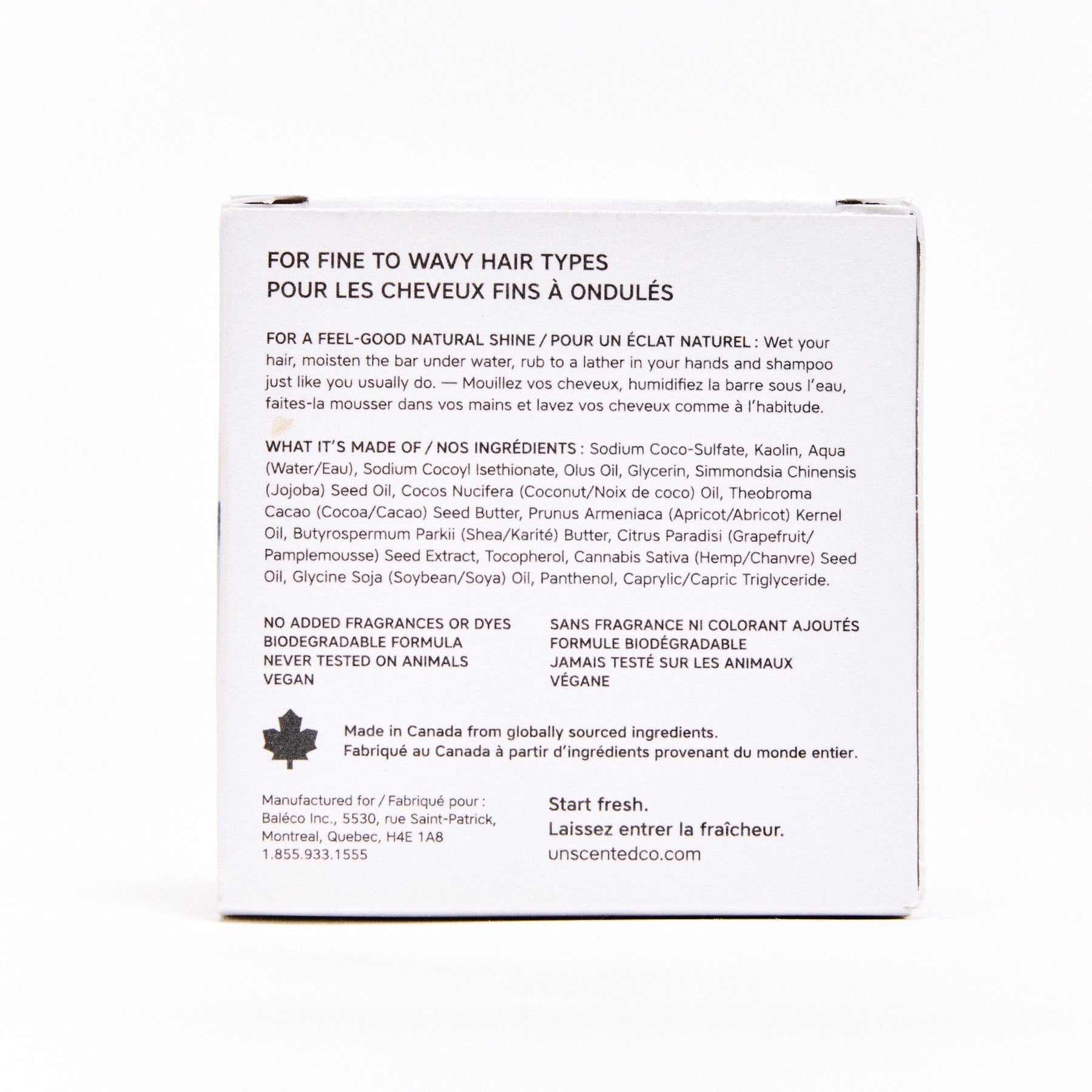 Back of the Clarifying Shampoo Bar box showing directions, ingredients, and sustainability claims for fine to wavy hair types.