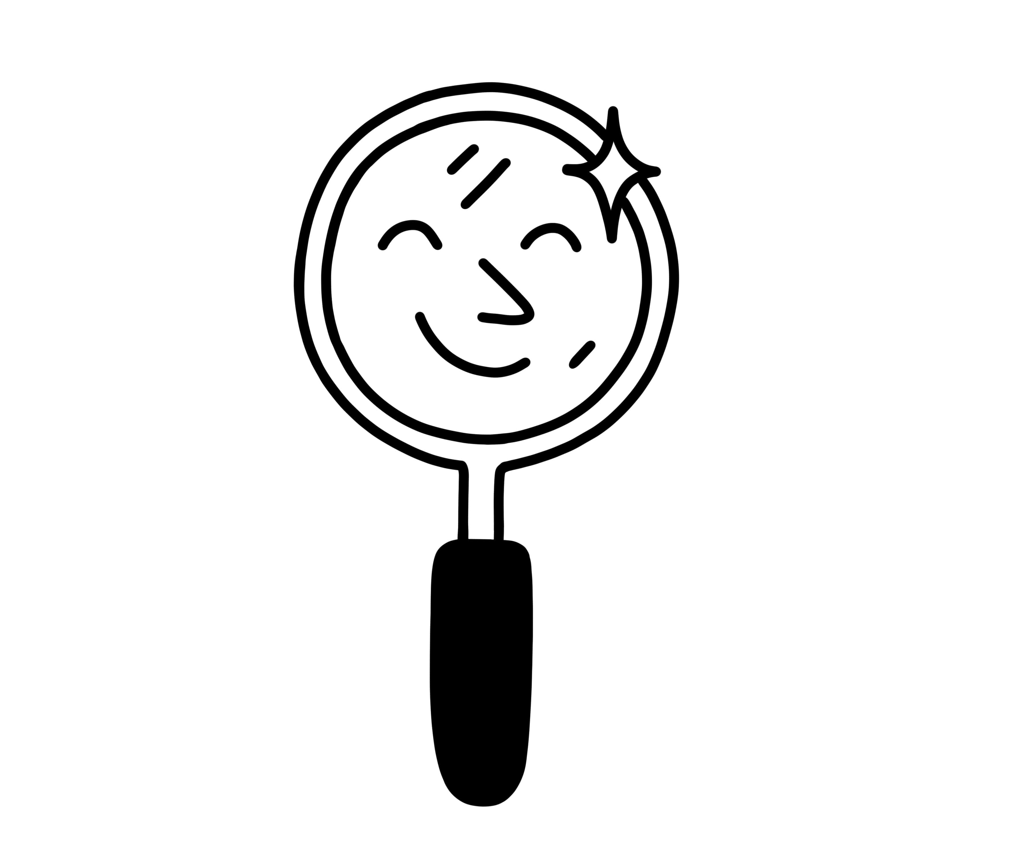 Simple line drawing of a smiling face inside a magnifying glass with a sparkle.