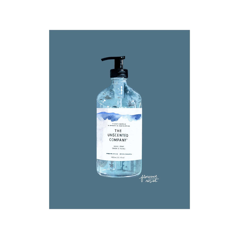 Artistic illustration of a The Unscented Company hand soap bottle on a blue background, signed by artist Florence Rivest.