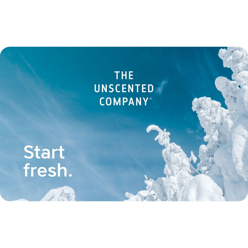 The Unscented Company gift card featuring a bright snowy landscape with frosted trees under a vivid blue sky. Text reads: “Start fresh.”