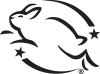 A simple black line drawing of a bunny leaping in a circular motion with two stars.