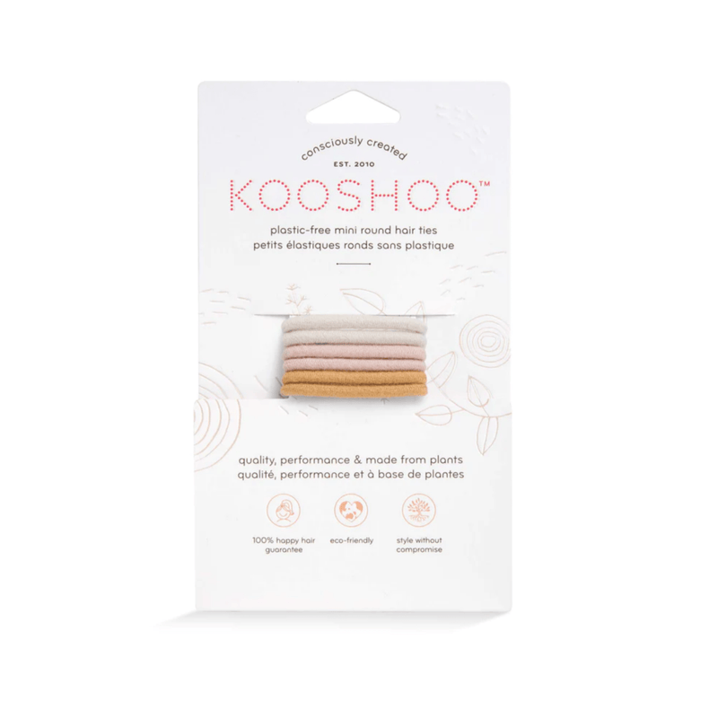 KOOSHOO plastic-free mini round hair ties in neutral beige and tan tones, packaged on a white eco-conscious card.