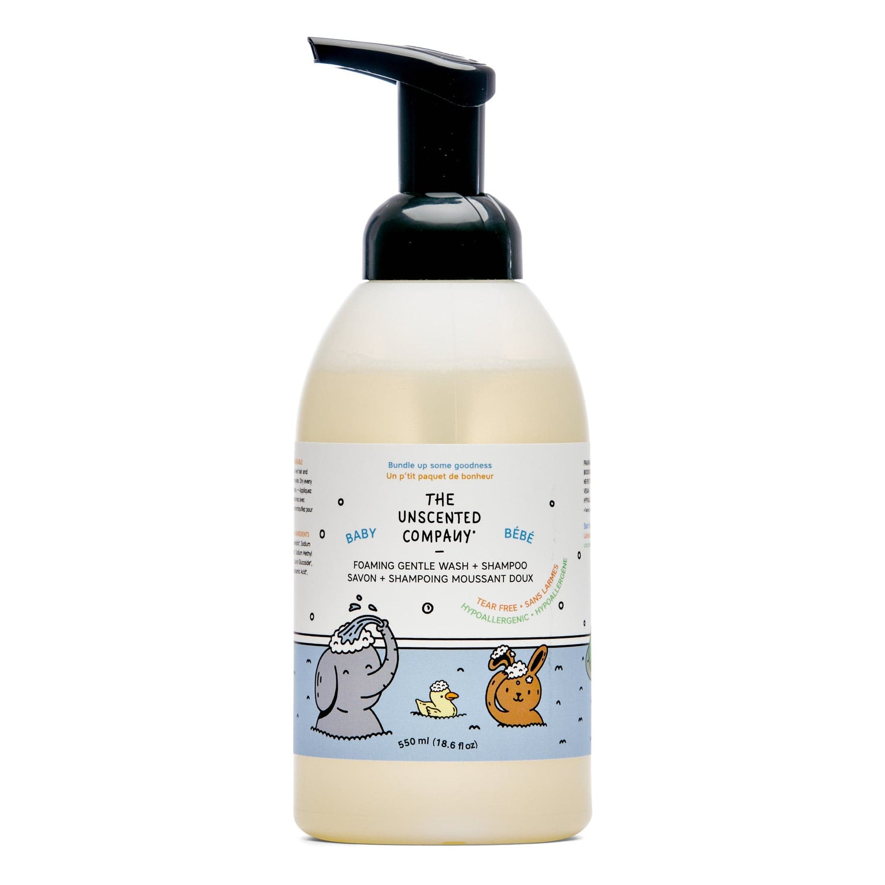 Avant du savon moussant doux + shampoing pour bébé, 550 ml, de The Unscented Company.
