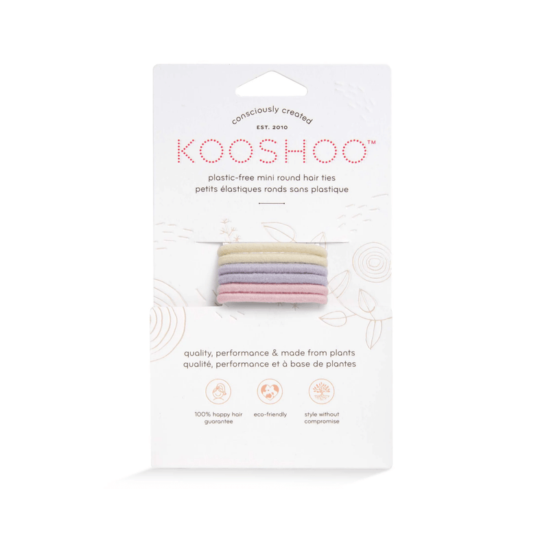 KOOSHOO plastic-free mini round hair ties in assorted pastel colors, packaged on a white eco-friendly card.